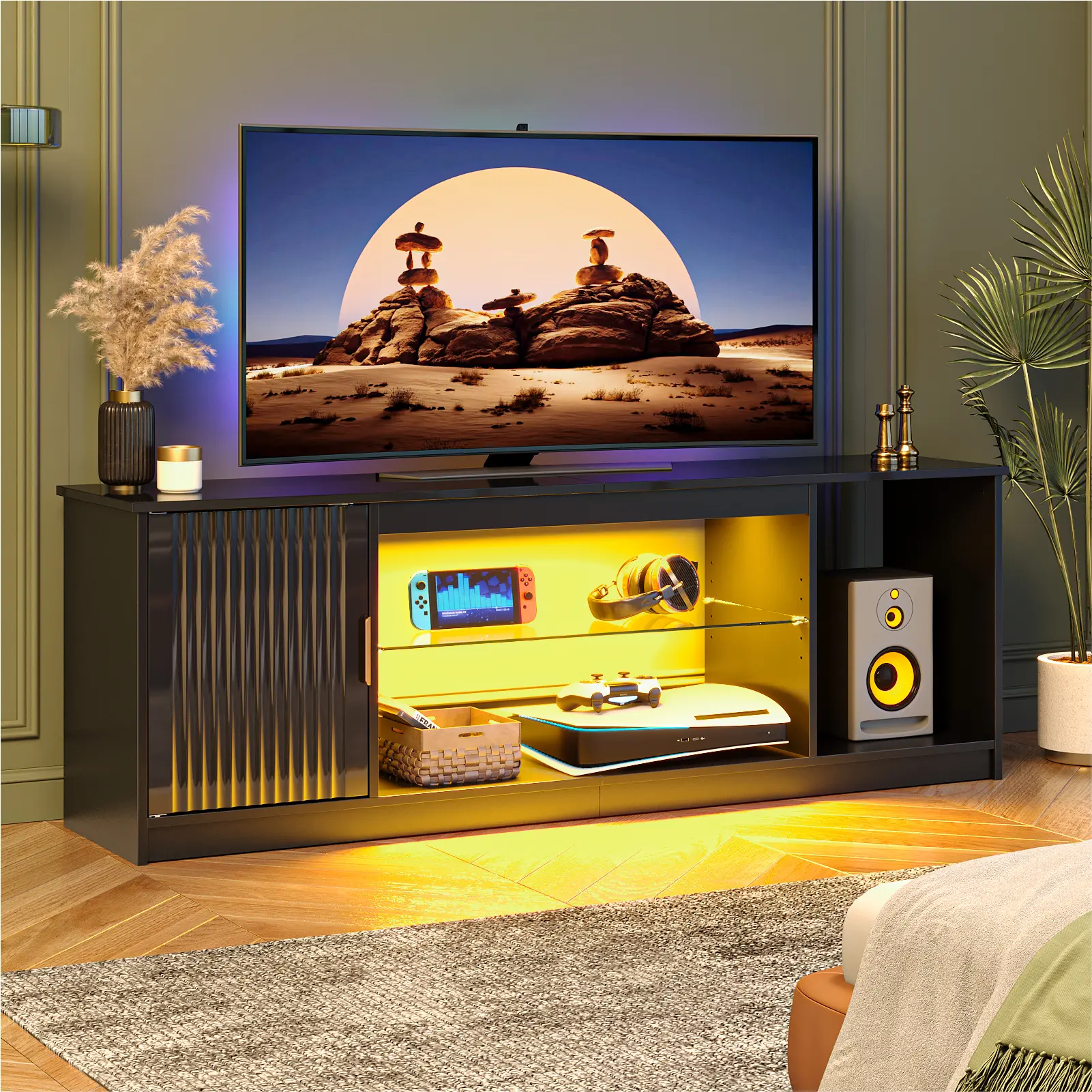 Bestier 57in Black RGB Lights TV Stand - Wood/Metal Modern Media Centre with Fluted Sliding Door, Adjustable Tempered Glass Shelf, Remote Color-Changing Lights, Fits Up to 65in TV for Gaming Room, Living Room, Fluted Doors