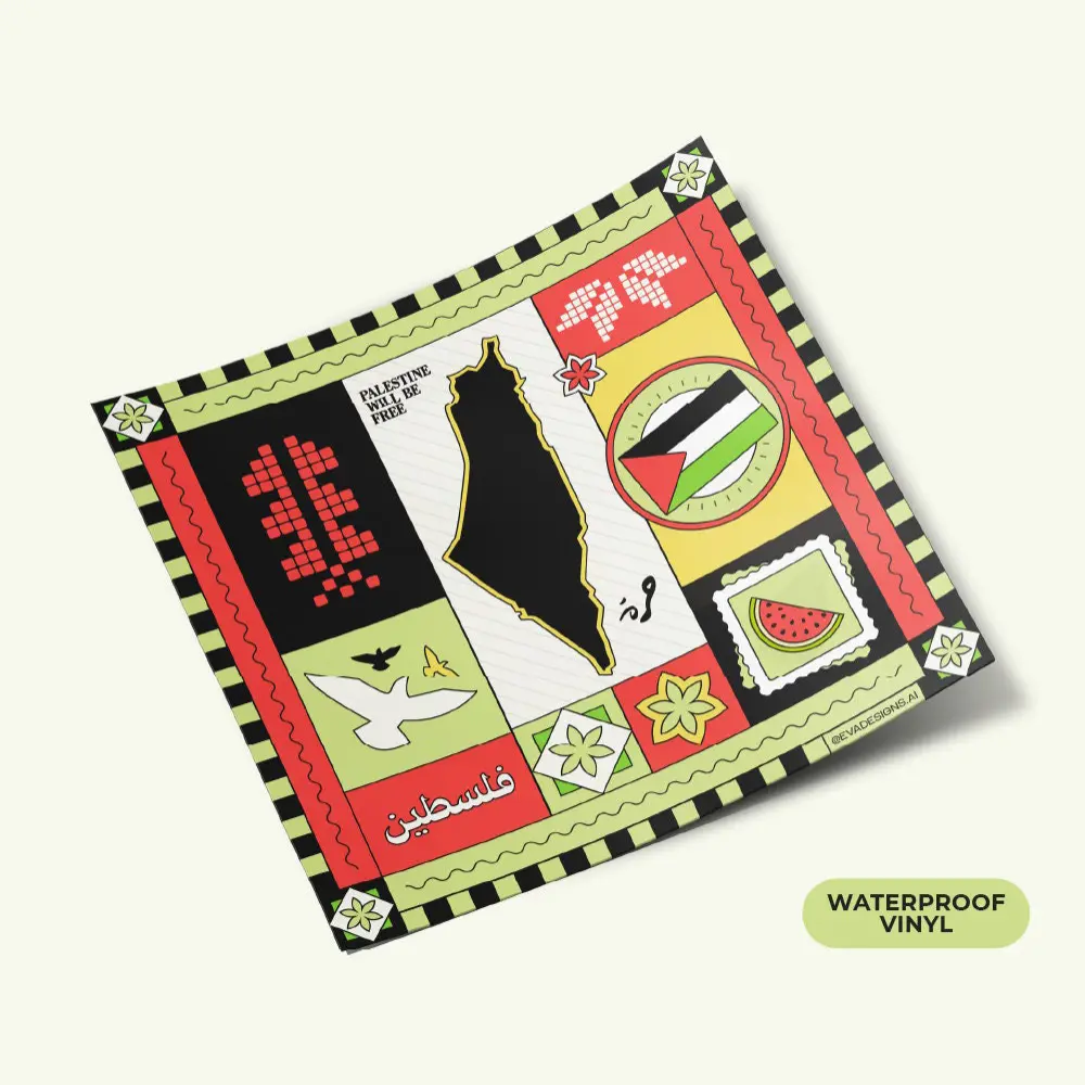 Free Palestine Falasteen Arabic Typography Tatreez Sticker Waterproof Vinyl Weatherproof Stationary Palestinian Kuffiyeh Map Gaza Jerusalem Collage Artwork for Laptops & Water Bottles