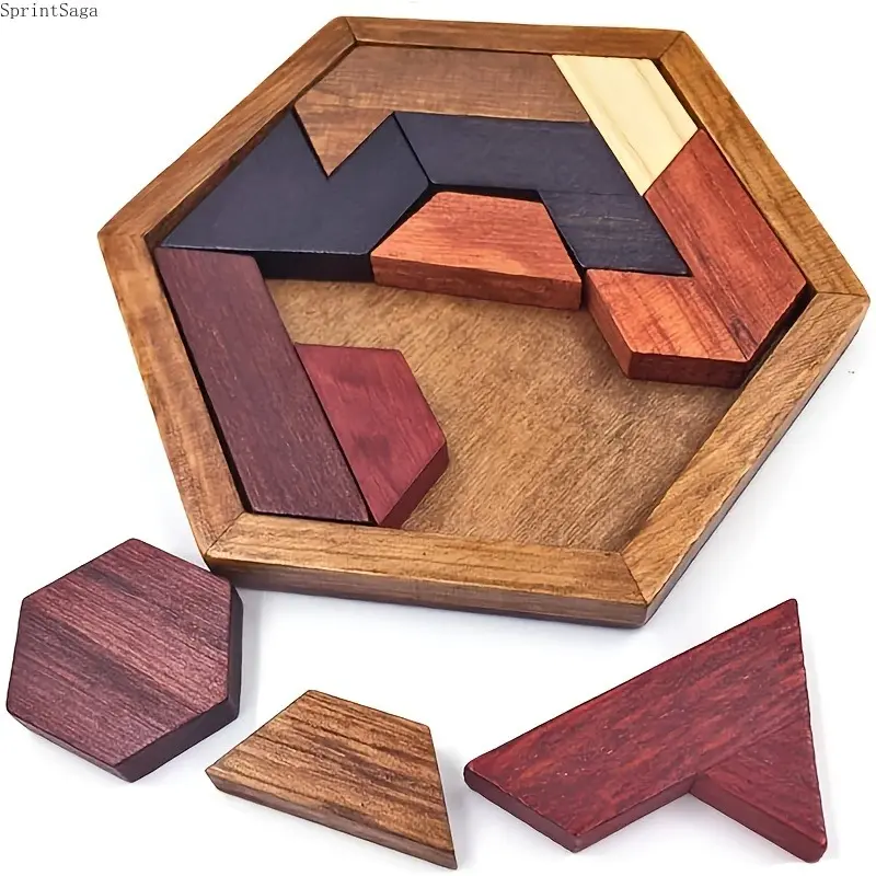 Kids Wooden Hexagonal Bag Charm Montessori Puzzle Toy Keychain STEM Learning Developmental Travel Accessory