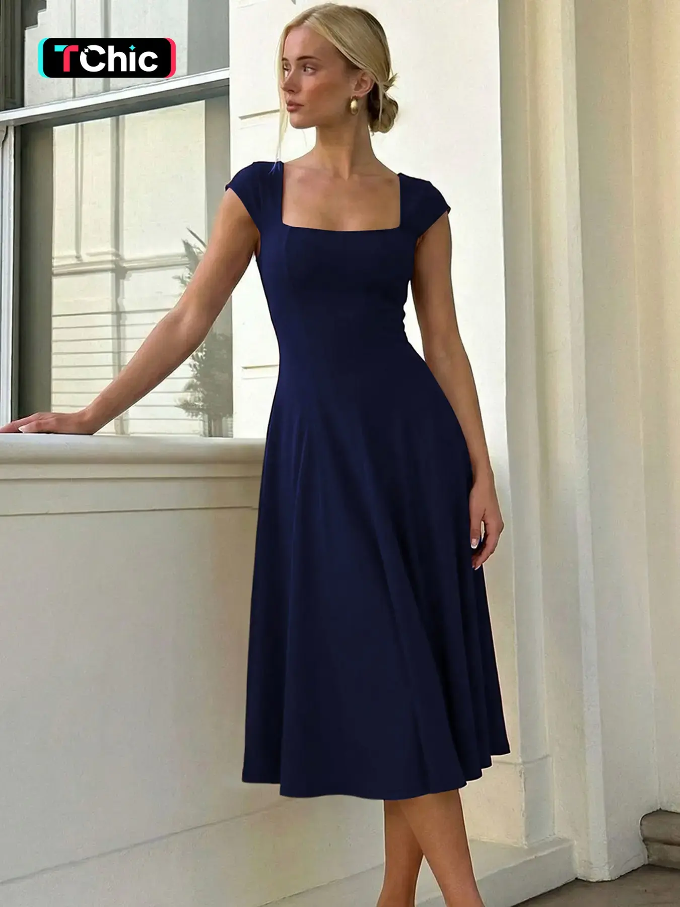 Women's Solid Color Square Neck Tie-back Bodycon Pleated Dress, Butterfly Short Sleeves Ruched Backless Lace-up A-line Midi Dress, Elegant, Chic, Formal Wear, Holiday Party Club Date Evening Gown Formal Dress, Ladies Summer Holiday Daily Casual Dresses