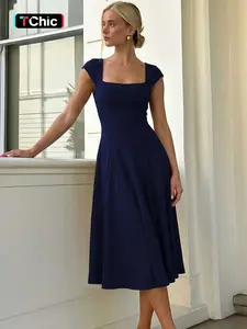 Women's Solid Color Square Neck Tie-back Bodycon Pleated Dress, Plain Butterfly Short Sleeves Ruched Backless Lace-up Plain A-line Midi Dress, Holiday Party Club Date Evening Gown Formal Dress, Ladies Summer Fashion Holiday Daily Casual Dresses Clothes