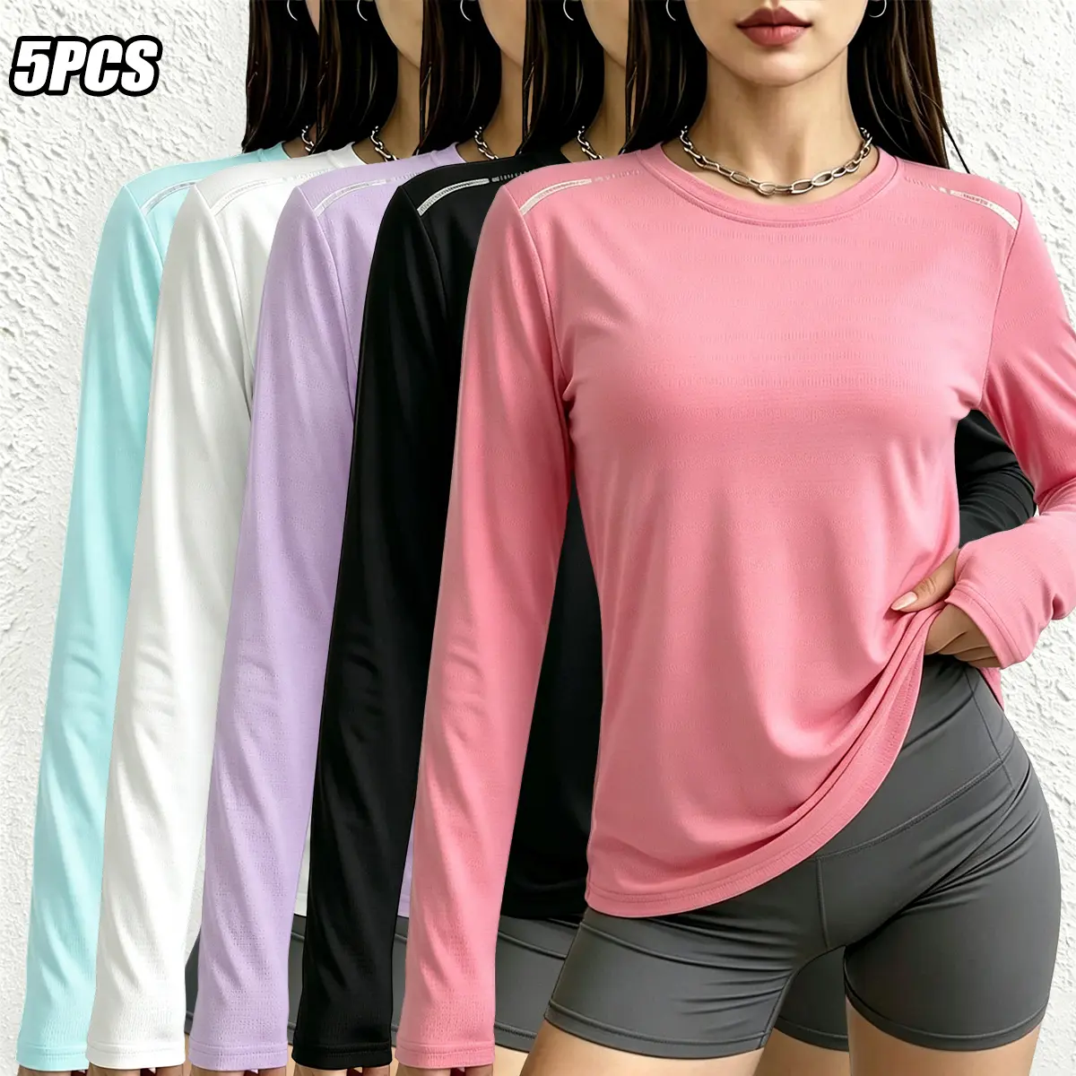 Set of 5 women’s long-sleeve shirts — very casual wear, outdoor sports tops, suitable for hiking, leisure, and office wear