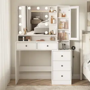 [Summergarden] Vabches Modern LED Makeup Vanity Set - Large Storage Makeup Vanity Desk with Lighted Mirror, Power Strip and 5 Drawers