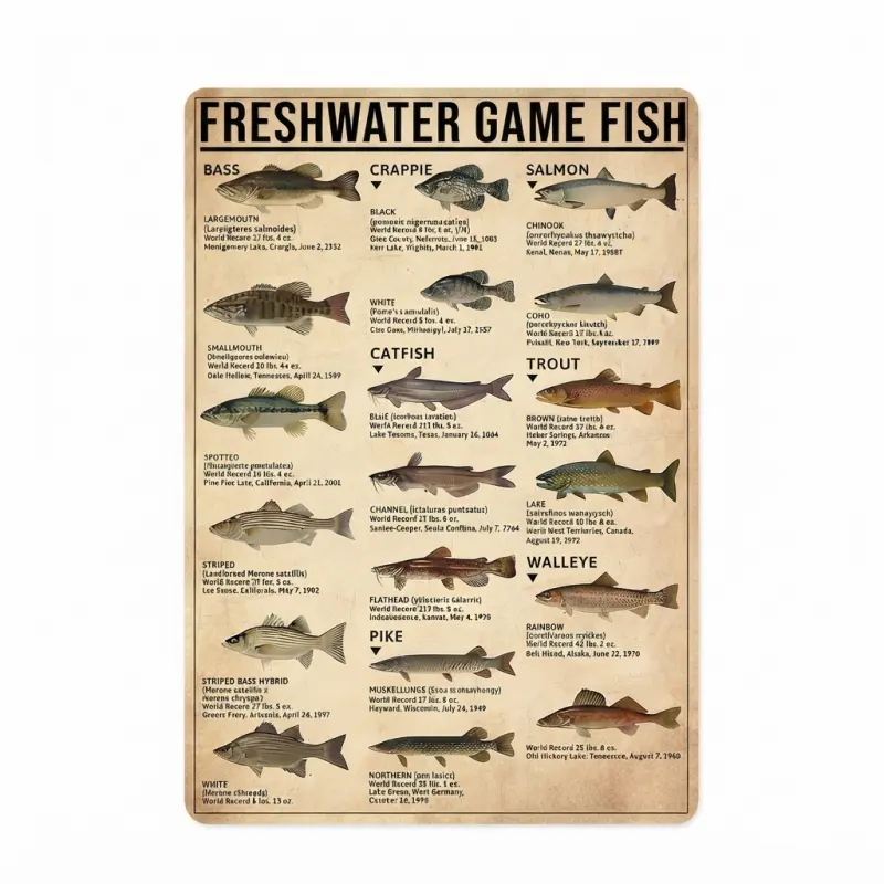 Vintage Freshwater Game Fish Knowledge Metal Sign, 8x12In, 12x16In, Fishing Wall Art for Man Cave, Boy's Room, Lake House & Cabin Decor