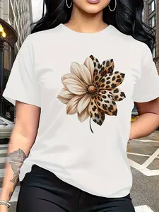 A Trendy and Fashionable Floral Print Featuring Leopard Print Elements, This Simple Round-neck Casual Short-sleeve Women's T-shirt Is Versatile and Suitable for Such as Leisure, Travel, and Vacations