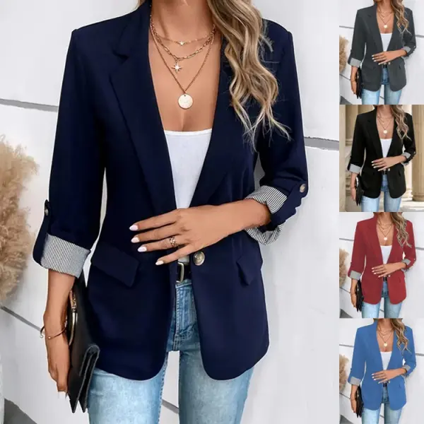 Women's Casual Blazer, Slim Fit 3/4 Rolled Sleeve Jacket with Single Button Front, Lightweight Office Work Jacket for Spring Summer Fall