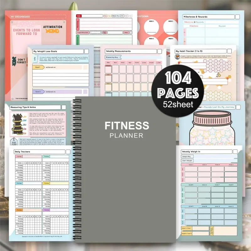 1 Fitness & Weight Loss Planner Journal (Spiral-bound)Elegant Pastel Weight Loss Logbook with Workout & Diet Planning, Macro Tracker, and Progress Timeline. Ideal for gym workouts, dieting, and healthy lifestyle management. Suitable for both men and wo