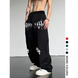 Men's casual sports pants, spider web printed drawstring wide leg loose fit, letter printed sports pants, comfortable daily men's clothing for all seasonsRAIMENTRY