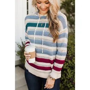 Depending On You Striped Crochet Knit Hoodie- Ivory & Multi