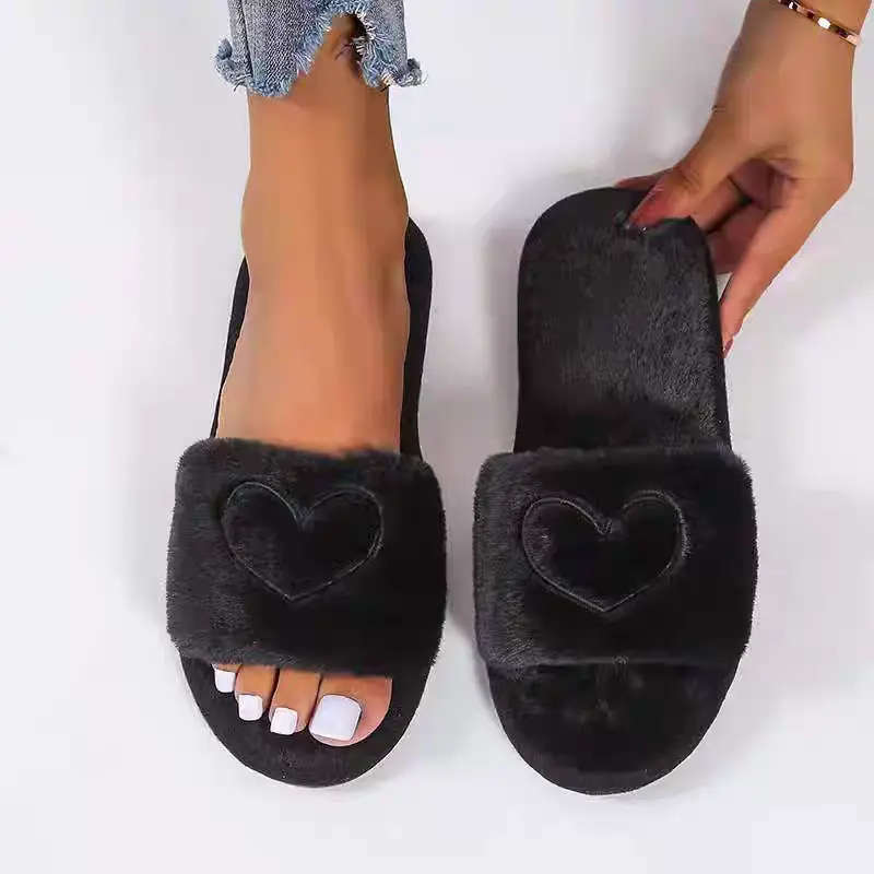Casual Slippers for Women with Cute Hearts, Fuzzy Open Toe Footwear with a Wide Band, Soft Plush Lining, and EVA Flat Sole, Fuzzy Plush, Stylish, All Seasons
