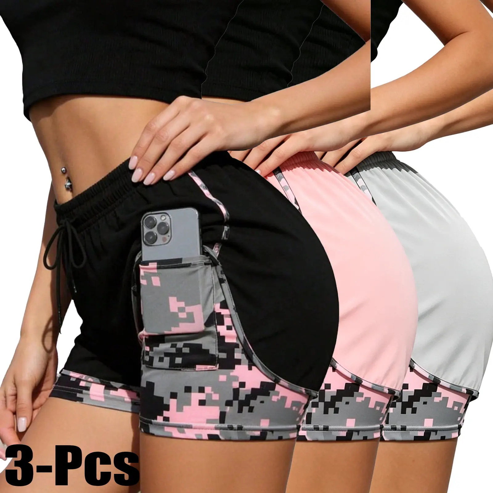 Women’s 2-in-1 Quick-Dry Athletic Wear Shorts - Camo Pattern, Cooling, Built-In Waistband, High Waist Drawstring, Slit Hem, Anti-Chafe Liner, Inner Tight Base Layer, A-Line Design for Yoga, Fitness, Cooling Shorts