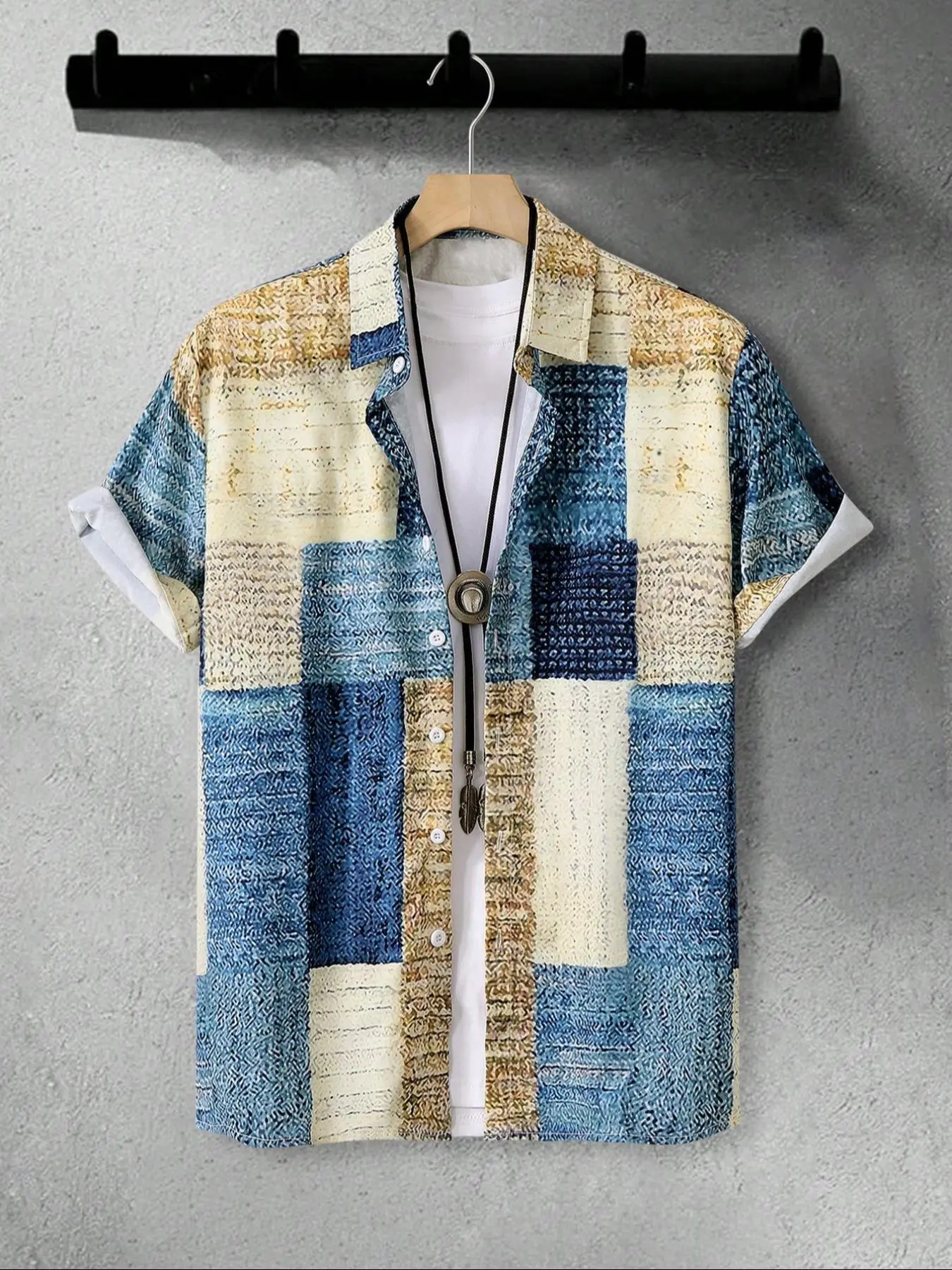 Men's Patchwork Print Casual Pattern Short Sleeve Shirt Button Up, Regular Fit Casual Comfy Button Front Top for Daily Wear, Men's Clothes for Summer, Tropical, casual fitted shirt, Menswear