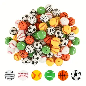60 pieces 15mm ball-shaped printed silicone round beads, loose beads, focus beads, DIY handcraft necklace, plastic pen string beads, keychain, bag chain, mobile phone chain, bracelet, jewelry and accessories beads.