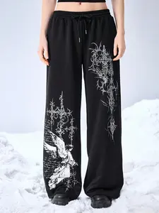 Grunge Punk Spring Casual Graphic Y2K Cyber Symbol & Angel Print Loose Women Sweatpants, Comfortable and Stylish