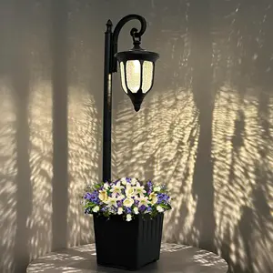 Solar Lamp  Light with Planter, Matte Black Outdoor  Light with Crackle Glass, 2 in 1  Outdoor Solar  Lights for Porch Front Door Patio