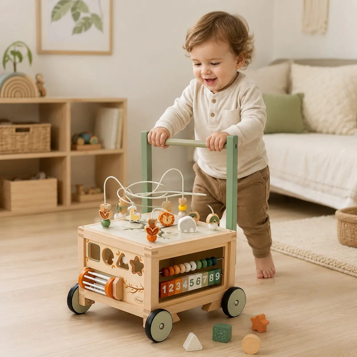 Joyreal Adjustable Wooden Baby Push Walker for Toddlers - 9 in 1 Baby Push Walker with Activity Cube, Push Activity Walker for Boys and Girls, Sit-to-Stand Learning Walker Activity Center