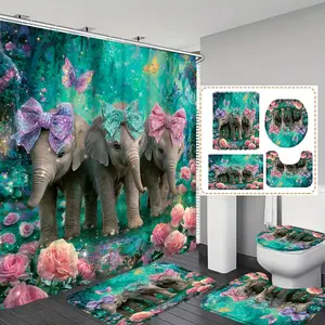 1pc/4pc Dreamy Baby Elephants in Flower Forest  printed shower curtain, shower curtain set with 12 hooks. The shower curtain set includes a bath mat, U-shaped floor mat, toilet seat cushion, b
