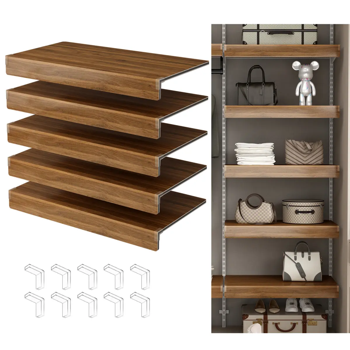 5 Pcs Walnutmain Wood Grain Print Foamed PVC Wire Shelf Covers (28x16 inches) - Removable Dust Covers with Right Angle Holder for Closet, Kitchen Organiser - Home Supplies Shelving Protection & Beauty Decoration, 28 X 16 Inches