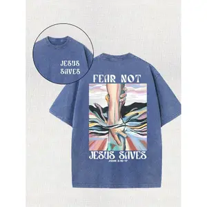 Washed Fear Not Jesus Saves T-Shirt Unisex Oversized Vintage Christian Graphic Tee Featuring Powerful Fear Not Jesus Saves John 3:16-17 Scripture & Helping Hand Art Festive Menswear Crewneck Top - Casual