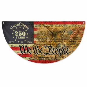 (1 Piece Only) God Bless America Semicircular Flag Christian Patriotic Eagle Cross One Nation Under God 1776-2026 America 250 Years of Freedom Porch Railing Decor We provide 2 grommet holes for this product.