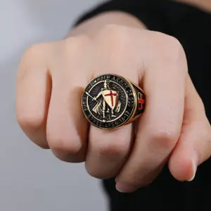 18k Gold Plated Knights Templar Red Cross Design Ring, "Put on the Whole Armor of God" for Men, Daily Wear and Gift