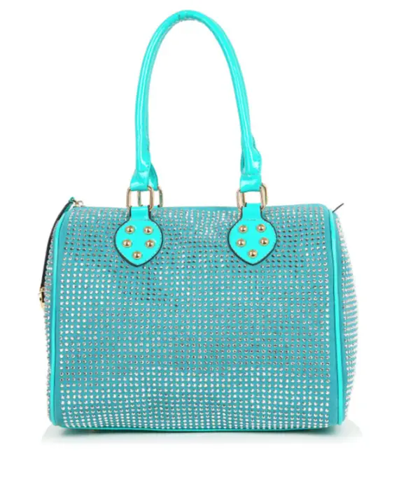 HE Rhinestone Covered Locked Satchel Turquoise Handbag