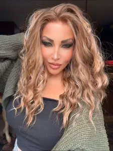 MACA BAKA Stella Honey Brown Blonde Highlight Water Wave Lace Front Wigs with Scandinavian Hairline 16 Inches Medium Length Low Density Brown Loose Curly HD Synthetic Lace Front Wigs for Women Pre Plucked