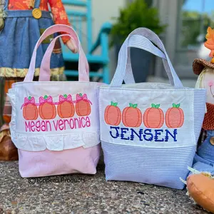 Personalized Embroidered Small Trick or Treat Halloween Candy Bag Basket Bucket Tote with Pumpkin Design Gift for Boy or Girl