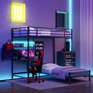 Black L-Shaped 2-Twins Metal Bunk Bed Frame - Desk, LED Lights, Charging Station, Storage Shelves, Drawers, Safety Guardrail, Ladder for Teens, Two Twins