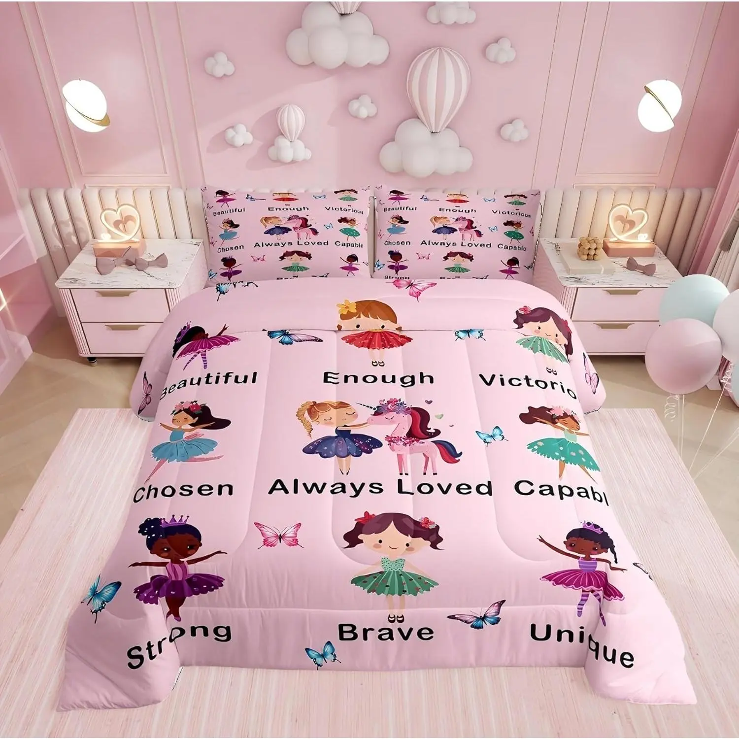 Girls Pink Princess Comforter Set,Ballet Girls Bedding Set,Kids Child,Dancing Inspirational Insert,Dreamy Princess Style Down Duvet