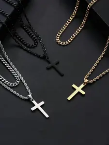Titanium Steel Double-Layer Cross Pendant Necklace (Dragon Bone Chain, Twist Chain) Dainty Cross Necklace Minimalist Chain Necklace