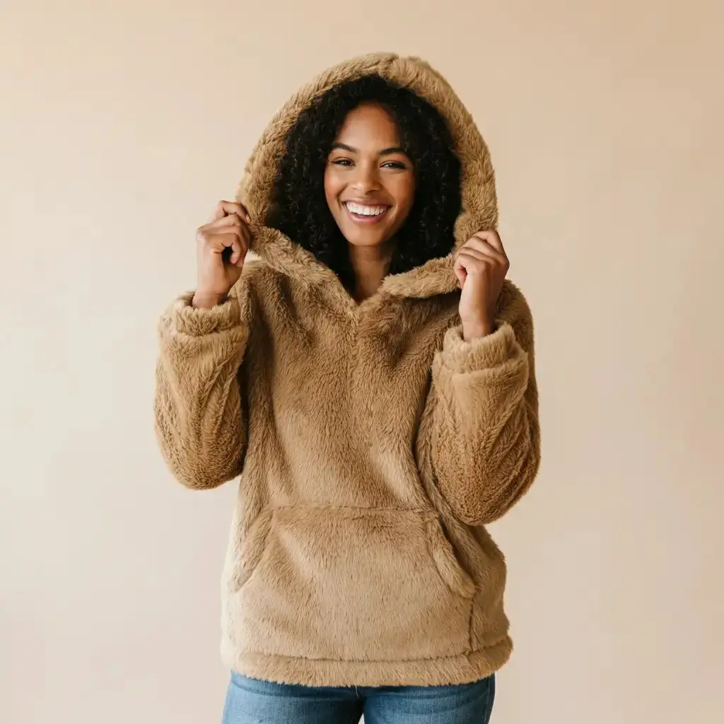 TeddyPaws Fluffy Hoodie - Long Sleeve Winter Comfy Fleece Sweatshirt with Kangaroo Pocket for Women's Casual Wear Womenswear Pullover