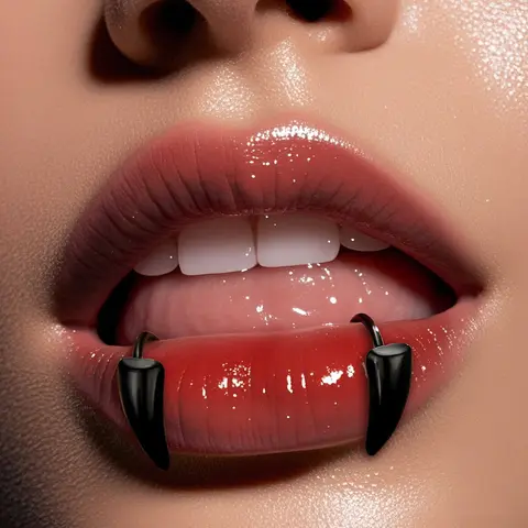 OUFER 2Pcs Vampire Teeth 316L Stainless Steel Edgy Unisex Fake Snake Bite Fangs Lip Ring Fake Piercings - 2Pcs Silver Adjustable Smooth Fit Easy Wear Punk Body Jewelry with Polished Finish for Vampire Costumes, Side Labret Piercing Accessory