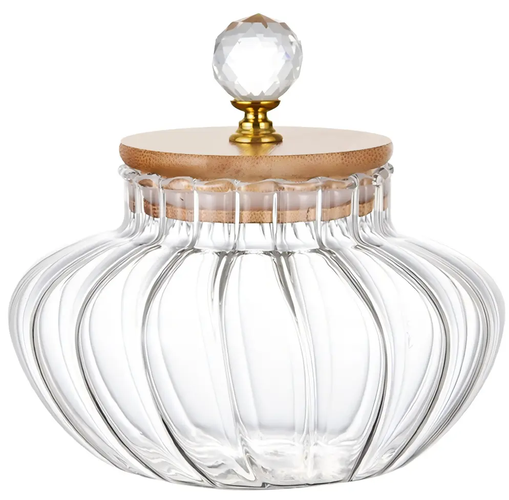Fluted Pumpkin Glass Candy Jar with Wooden Lid & Crystal Knob, Elegant Airtight Decorative Food Storage Container for Coffee Sugar Candy