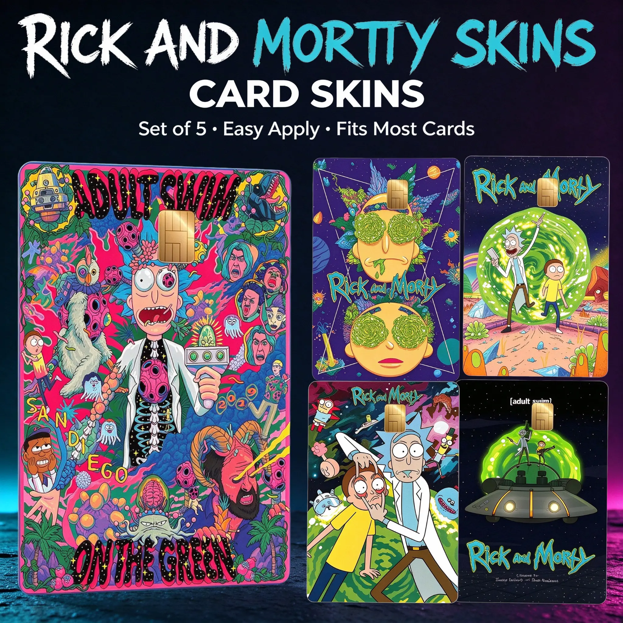 Rick and Morty Card Skins 5 Pack Cartoon Character Card Stickers, Colorful Decorative Skins for Compatible Cards, Personalized Accessories and Gifts for Fans