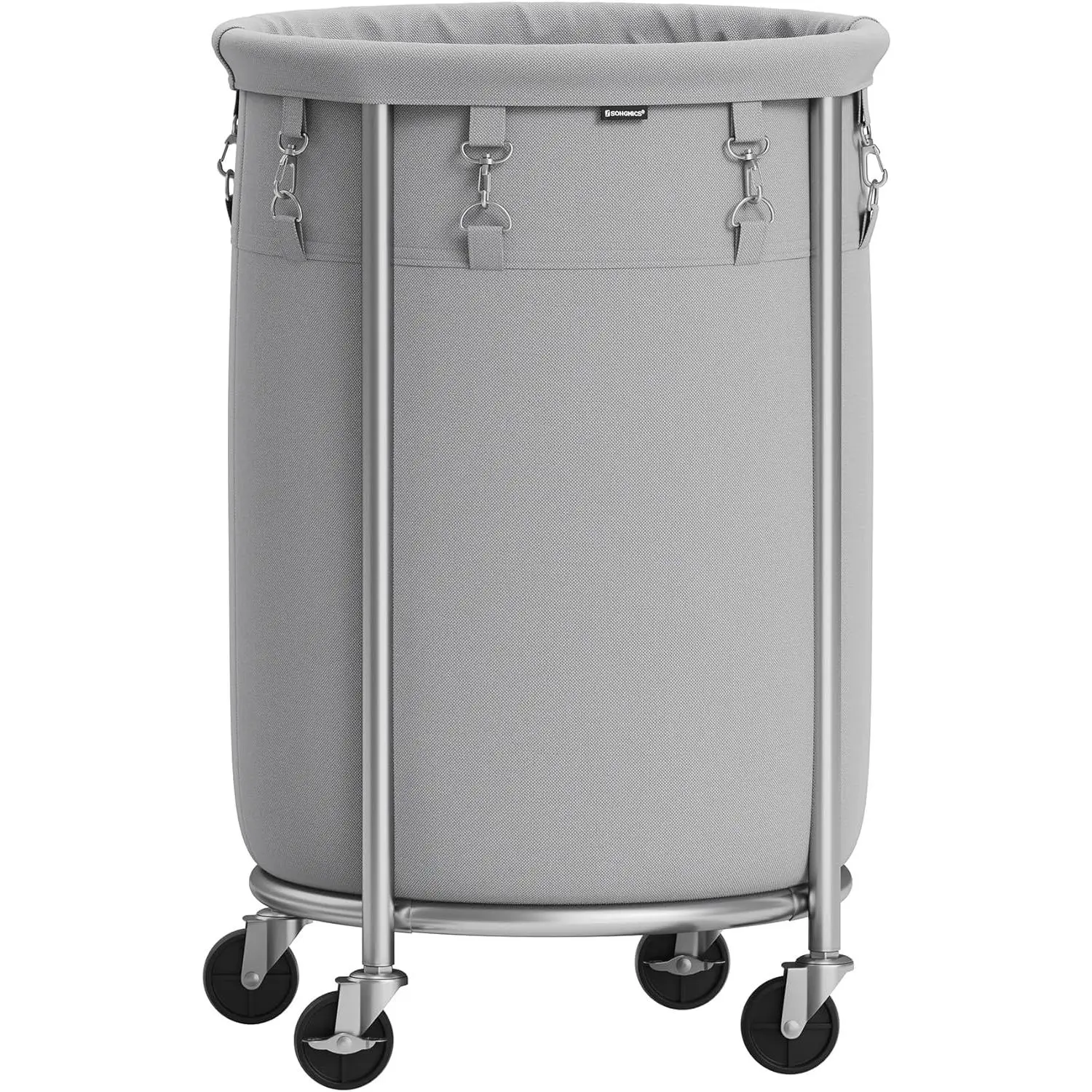 SONGMICS Laundry Basket with Wheels, Rolling Laundry Hamper, 18.5 Gal., Round Laundry Cart with Steel Frame and Removable Bag, 4 Casters and 2 Brakes, Gray and Silver URLS006G01