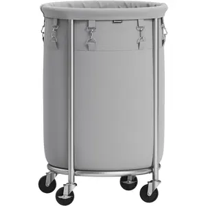SONGMICS Laundry Basket with Wheels, Rolling Laundry Hamper, 18.5 Gal., Round Laundry Cart with Steel Frame and Removable Bag, 4 Casters and 2 Brakes, Gray and Silver URLS006G01