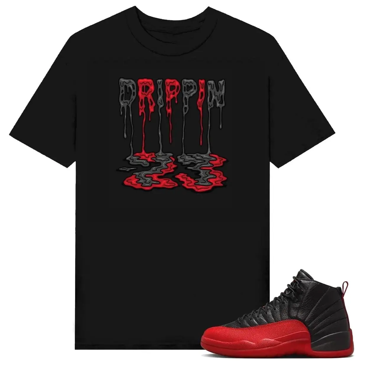 Shirt To Match AJ 12 Flu Game Sneaker Matching Tee, Jordan Tees Drippin 23 Sneakers, black red 1NL