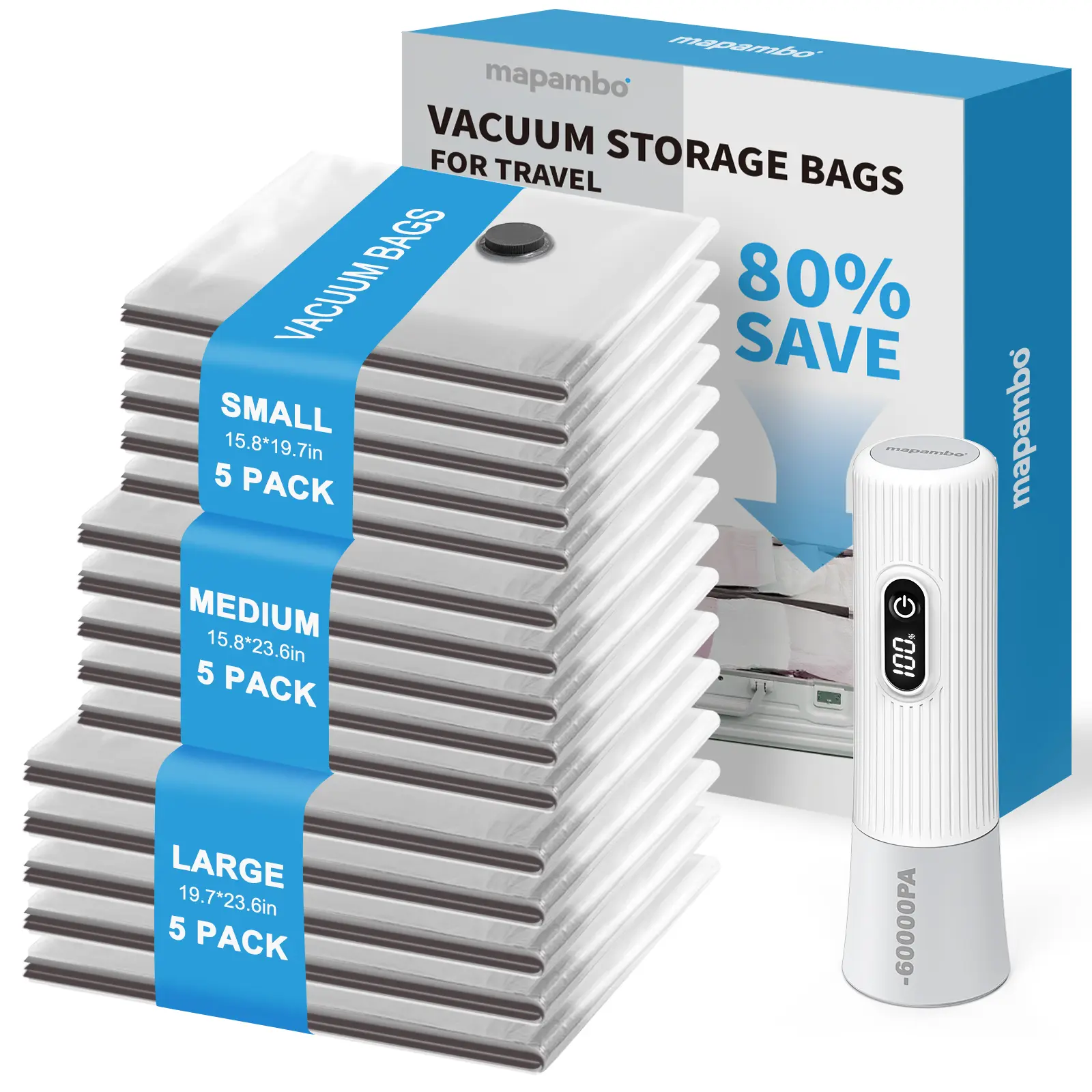 【2026 Upgraded】Mapambo Cordless Travel Vacuum Storage Compression Bags with -60000Pa LED Electric Pump 9/15 Pack Waterproof & Reusable Vacuum Seal Bags for  Clothing Travel in 3 Combo sizes Space Saver Vacuum Storage Bags Saving up to 80% of Space