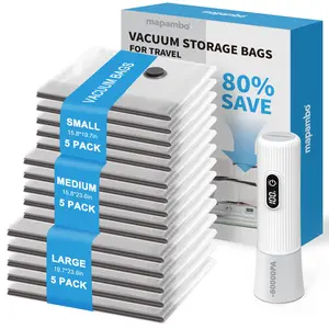 【2026 Upgraded】Mapambo Cordless Travel Vacuum Storage Compression Bags with -60000Pa LED Electric Pump 9/15 Pack Waterproof & Reusable Vacuum Seal Bags for  Clothing Travel in 3 Combo sizes Space Saver Vacuum Storage Bags Saving up to 80% of Space