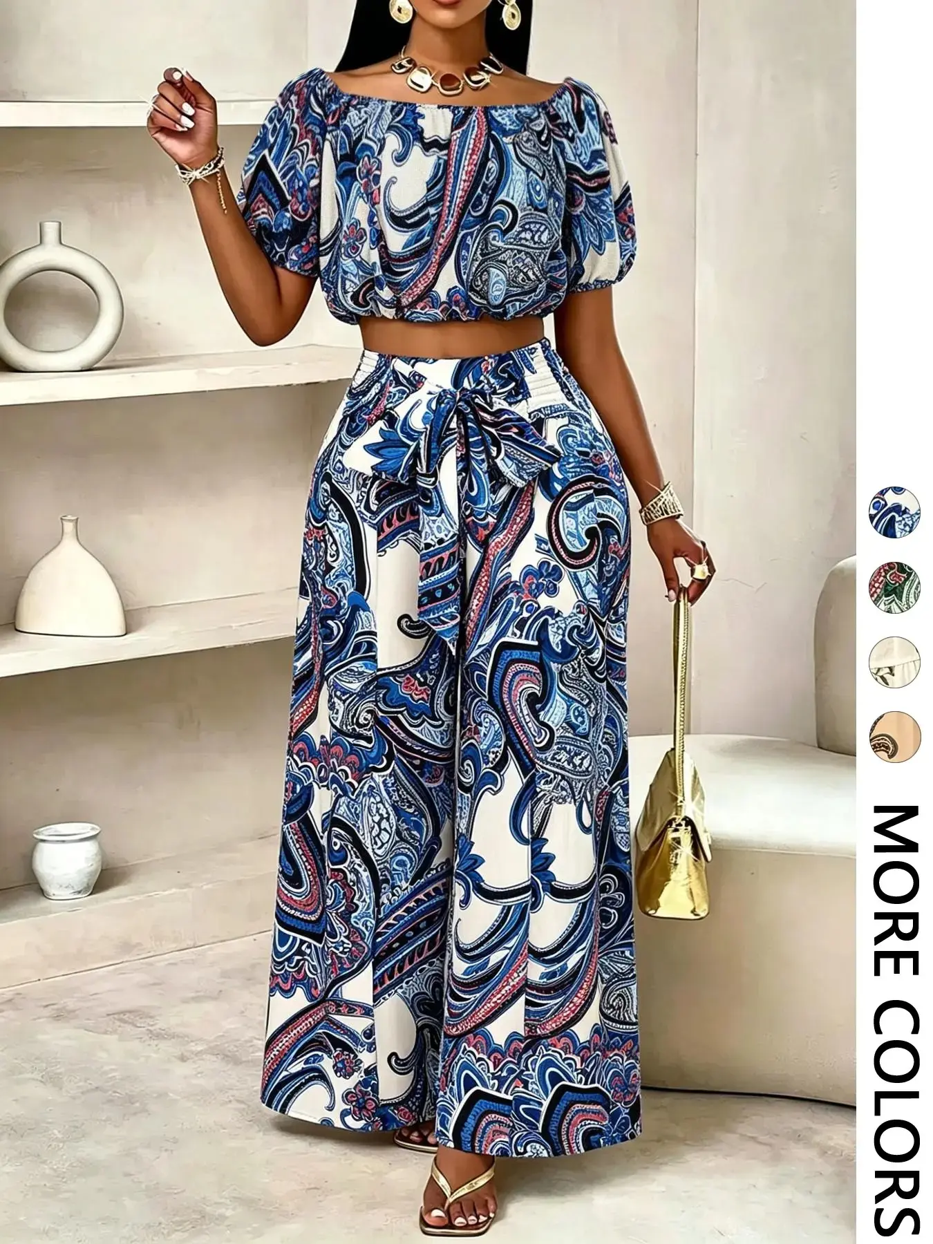 Women's Summer Paisley Print Bohemian Boho Vintage Chic Vacation Two-Piece Set Outfit, Off-Shoulder Bubble Sleeve Crop Top + High Waist Adjustable Drawstring Wide Leg Pants