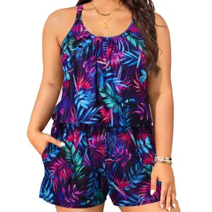 【Plus Size】Women's High Stretch Casual Fashion Racerback Ruched Front Swim Top & Shorts Romper with Side Pockets, Tropical Palm Print Swim Romper, Modest Curvy Swimwear for Beach Vacation