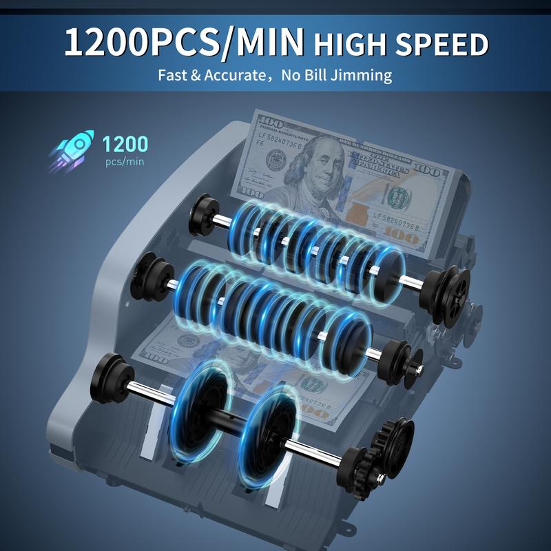 PONNOR Money Counter Machine with UV/MG/IR/MT/DD Detection for Fake Bills, LCD Display, Coin Box, COUNT/ADD/BATCH/AUTO Modes, Silent Operation, 1200 Notes/Minute