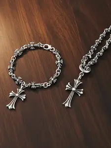 2-piece Holylegend Personalized Cross Stainless Steel Bracelet and Necklace Set, Hand-Polished and Multi-Plated, Suitable for Daily Wear, Perfect as a Holiday Gift