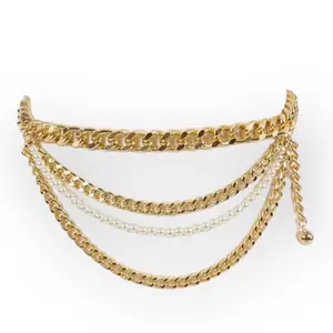 Unisex Gold Cuban-Link Style Chain Belt with Pearl and Link Accents - 58 inches