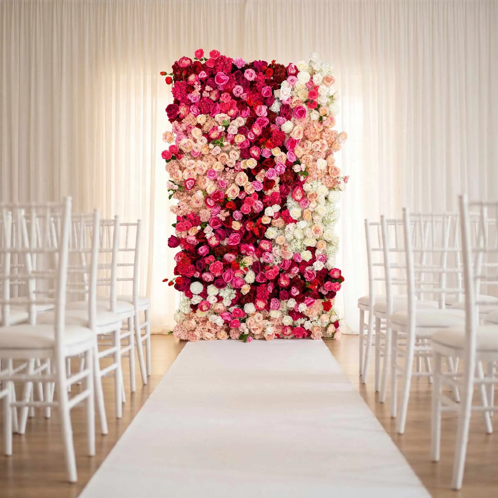 8ft x 4ft Roll Up Flower Wall Panel Backdrop - Mixed White, Pink & Red Silk Roses, Hydrangeas & Peonies with Fabric Backing