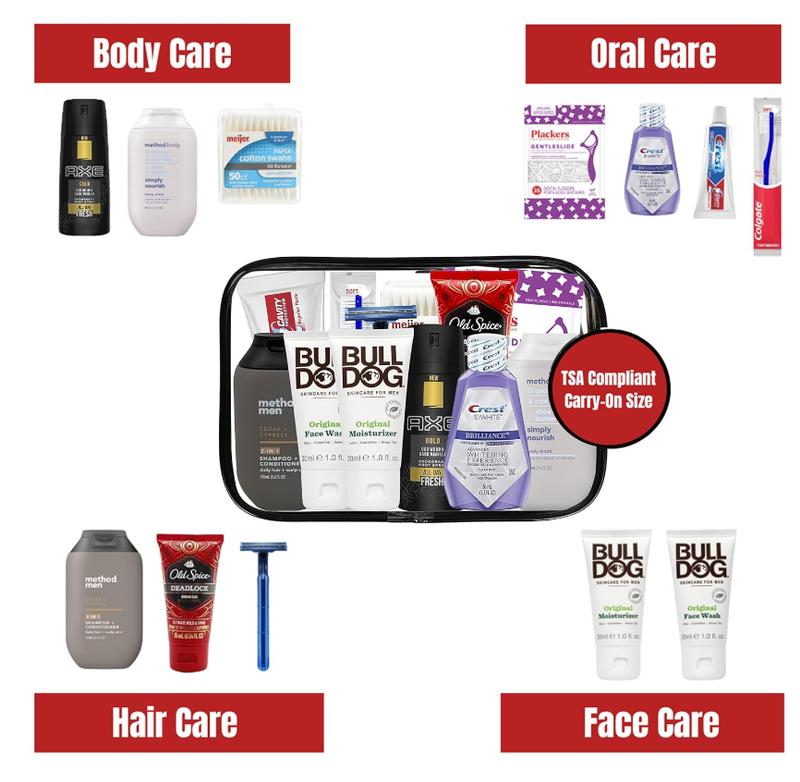 Mens Travel Toiletries Kit, Travel Bag of Hygiene Essentials for Bath, Shaving and Personal Care, 12 Mini TSA approved items in Reusable Zipper Bag, Valentine's Day, Travel, Business, Gifts & Charity