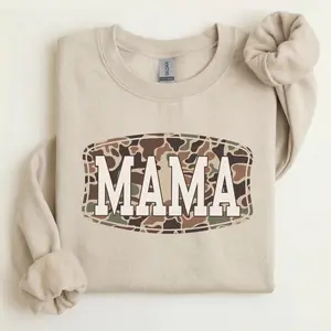 Camo Mama Sweatshirt, Trendy Camouflage Graphic Crewneck, Cool Casual Style, Mother’s Day Gift for Moms, Stylish Apparel for Women