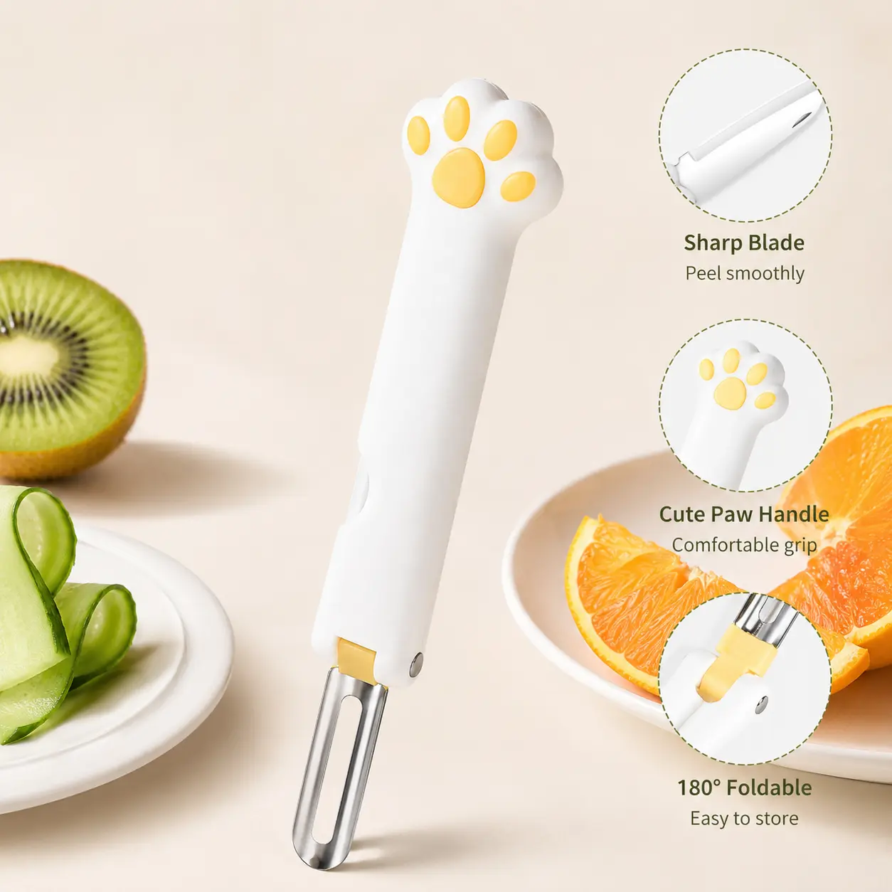 1-Count Foldable Dual-Head 2-in-1 Stainless Steel Blade Fruit Peeler Knife with Cat Paw Shaped Handle, Portable Kitchen Utensil for Peeling Fruits and Vegetables