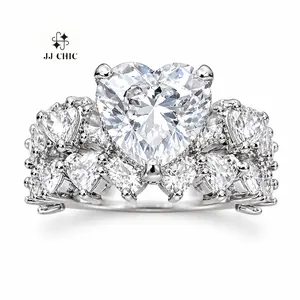 JJ CHIC Two-Piece Heart Ring Set for Women Full-Set Sparkling Stones Engagement Wedding Party Jewelry Elegant Gift Boxed